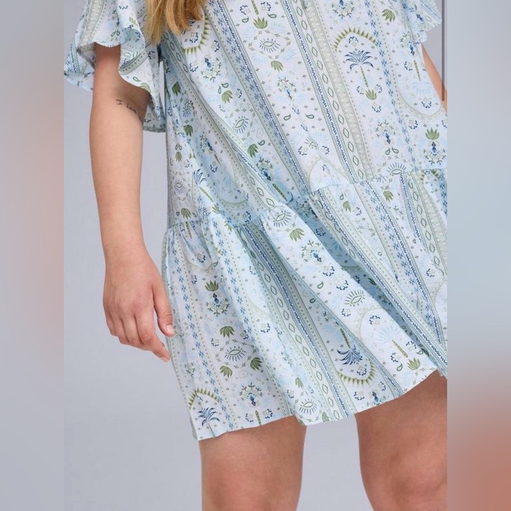 Belle Isle Pop Over Mini Dress Carolina Palms Light Blue Size 2 Blue Green - Picture 4 of 7